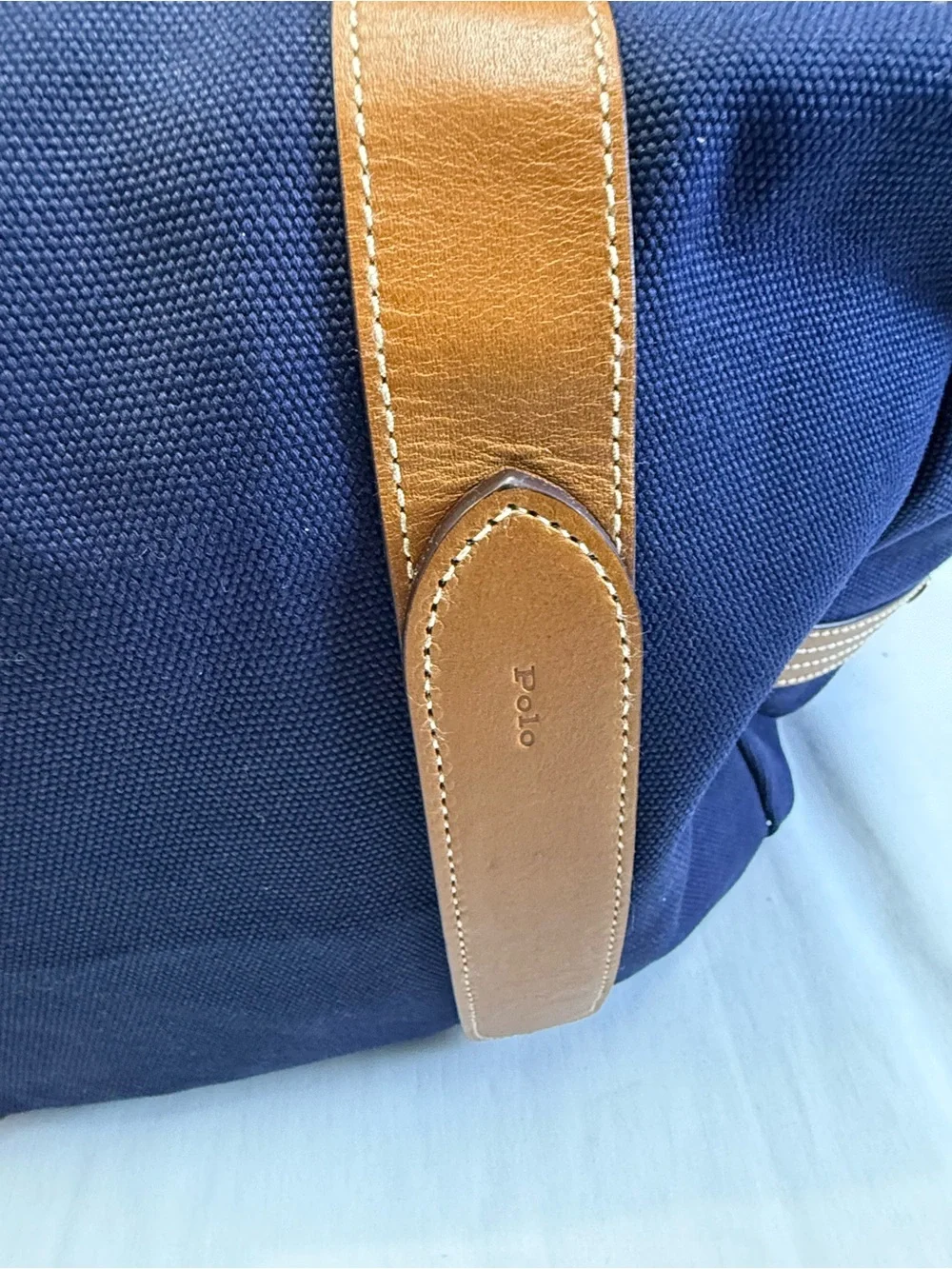 Ralph Lauren Navy Canvas Travel Tote with Tan Leather Trim and Red Polo